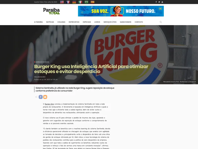 Matéria do Paraíba Total sobre o Sentinella